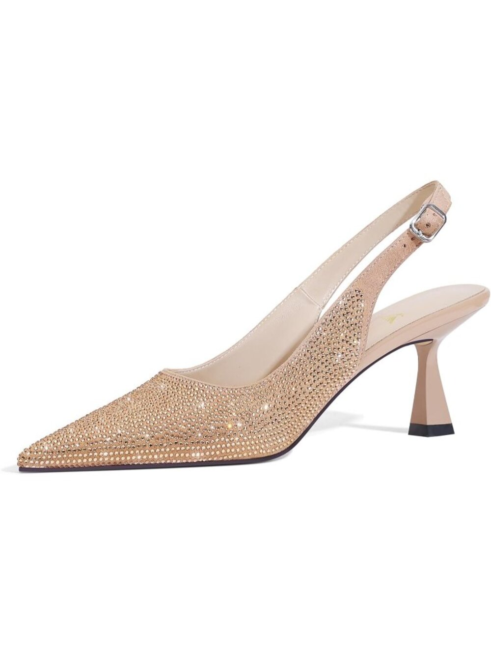 Women's Kitten Heels Slingback Low Heel Dress Shoes Closed Toe Beige Rhinestone